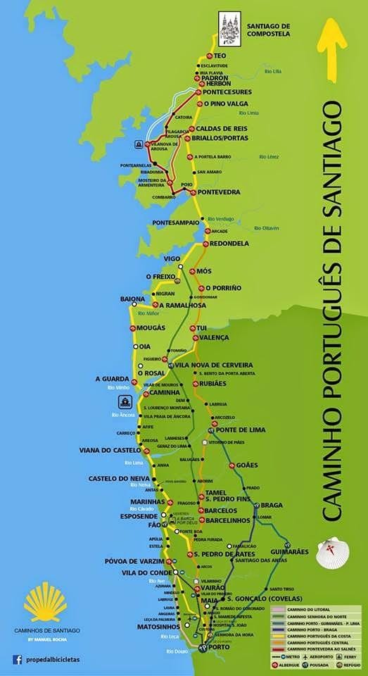 Portugalski camino nadmorskiej trasy na mapie