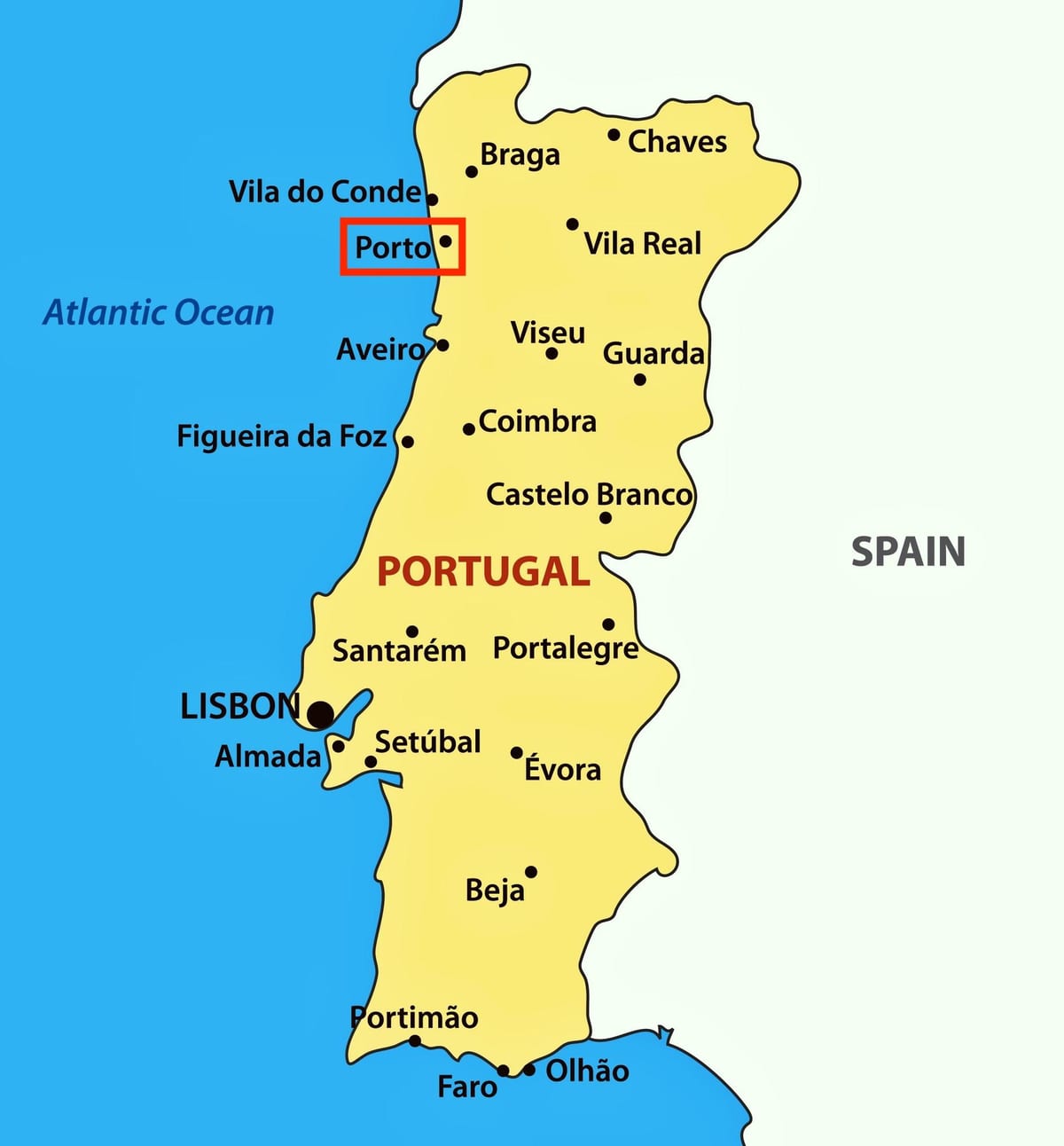 Portu na mapie Portugalii