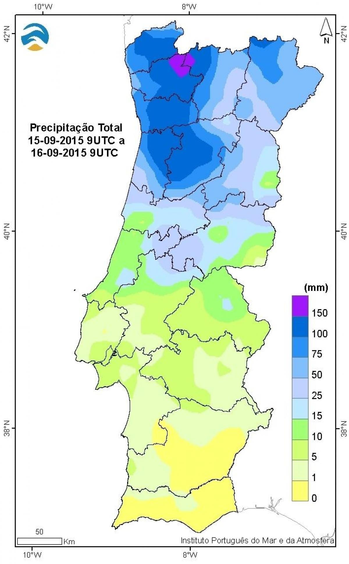 mapa Portugalii deszcz
