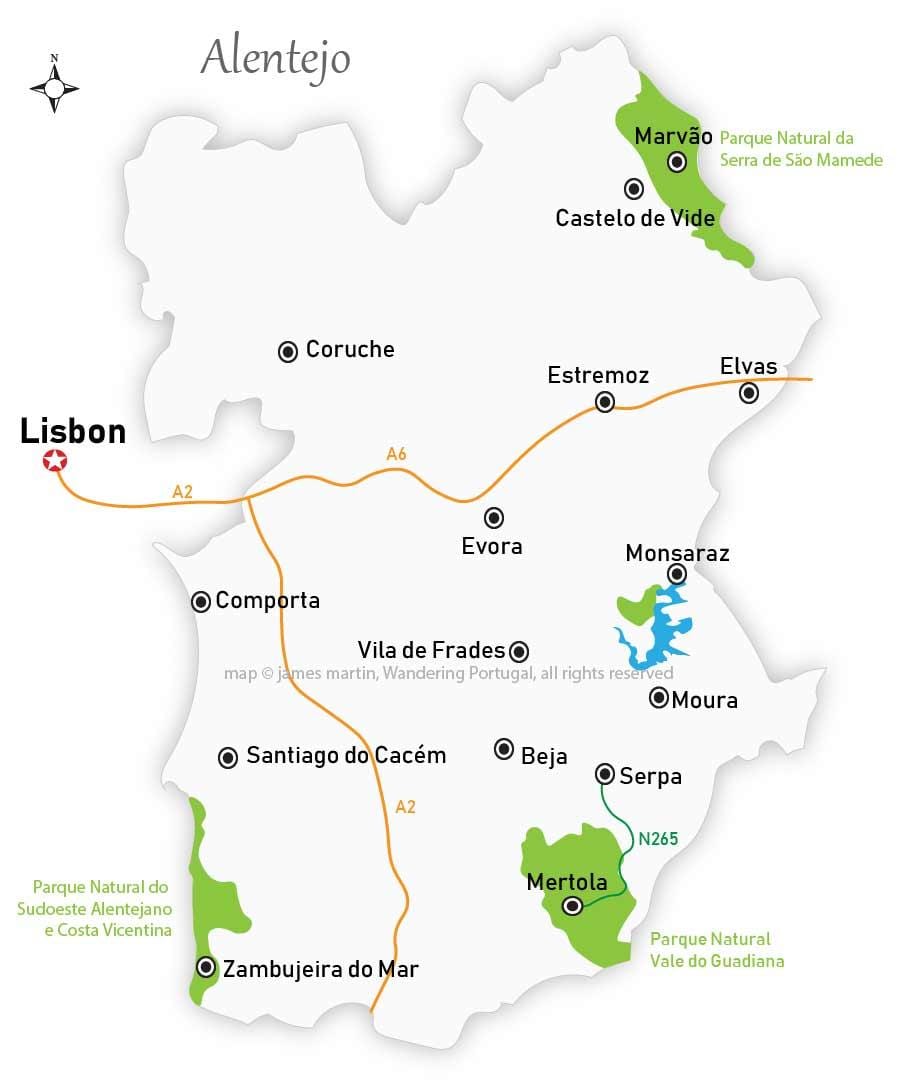 mapa regionu Alentejo, Portugalia