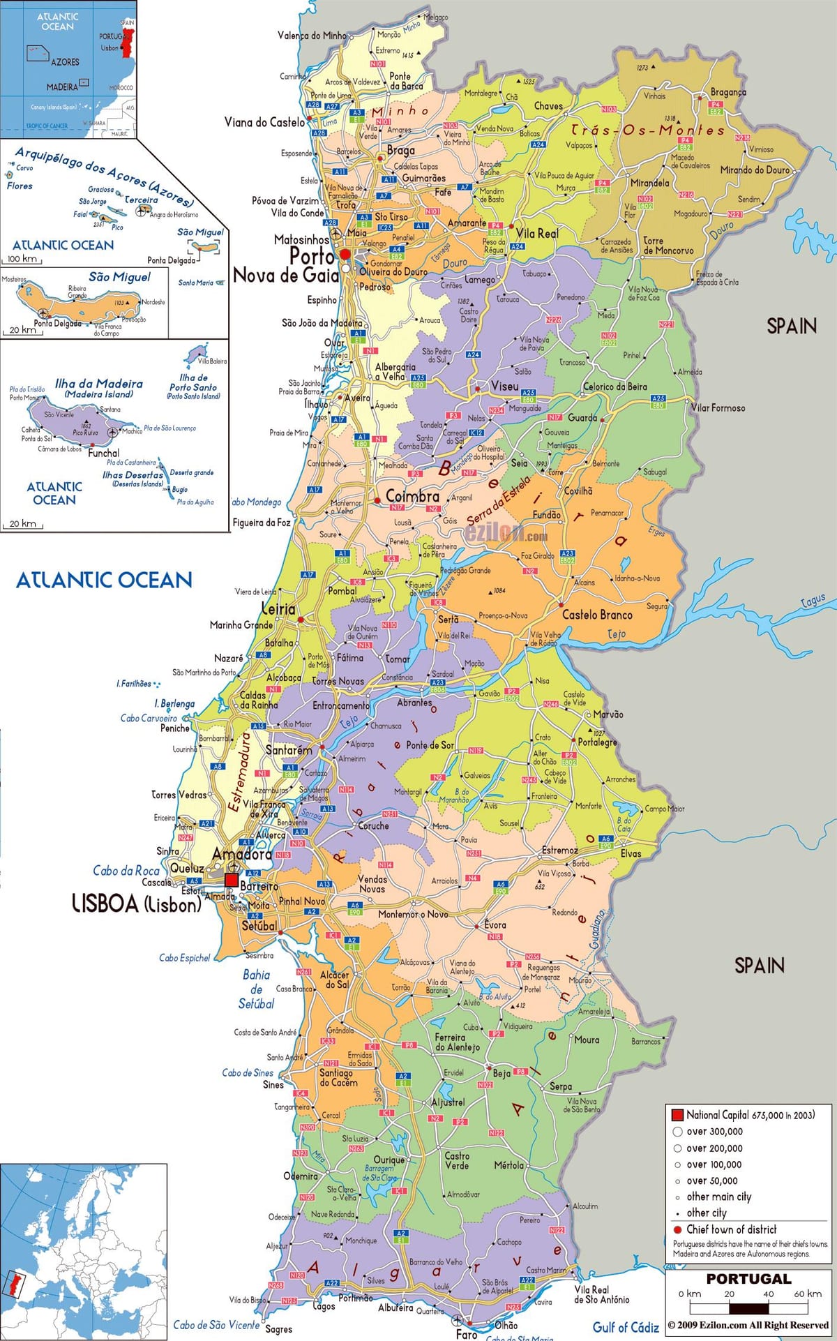 mapa regionów Portugalii